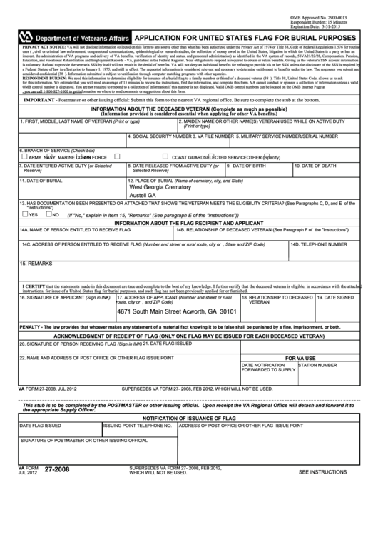 Fillable Va Form 27-2008 Application For United States Flag For Burial Purposes Printable pdf