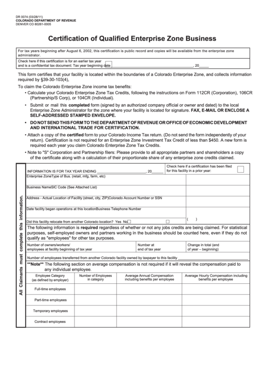Fillable Form Dr 0074 - Certification Of Qualified Enterprise Zone Business Printable pdf