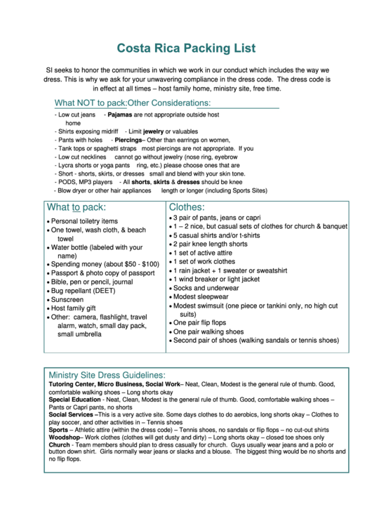 Costa Rica Packing List printable pdf download