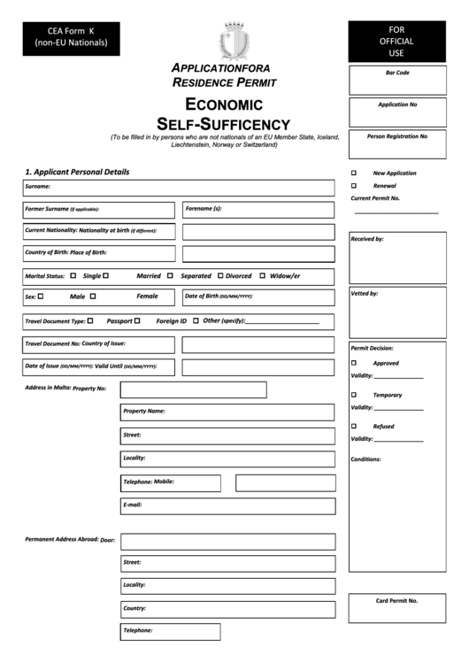 Cea Form K - Pplication For A Residence Permit - Economic Self-Sufficency Printable pdf