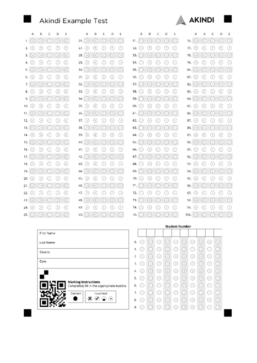 Sample 100 Question Bubble Sheet Template printable pdf download
