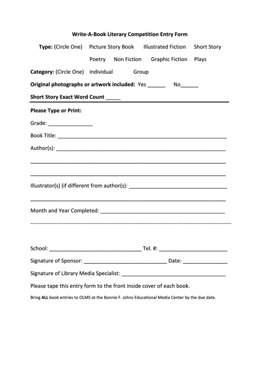 Write-A-Book Literary Competition Entry Form Printable pdf