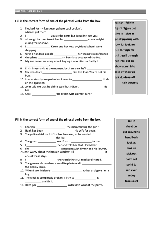 Phrasal Verb Forms Worksheet Printable pdf
