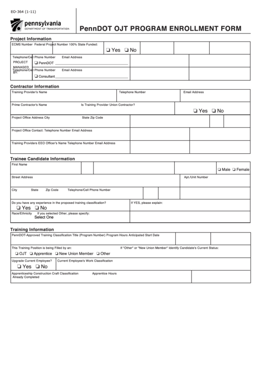 Fillable Form Eo-364 - Penndot Ojt Program Enrollment Form Printable pdf