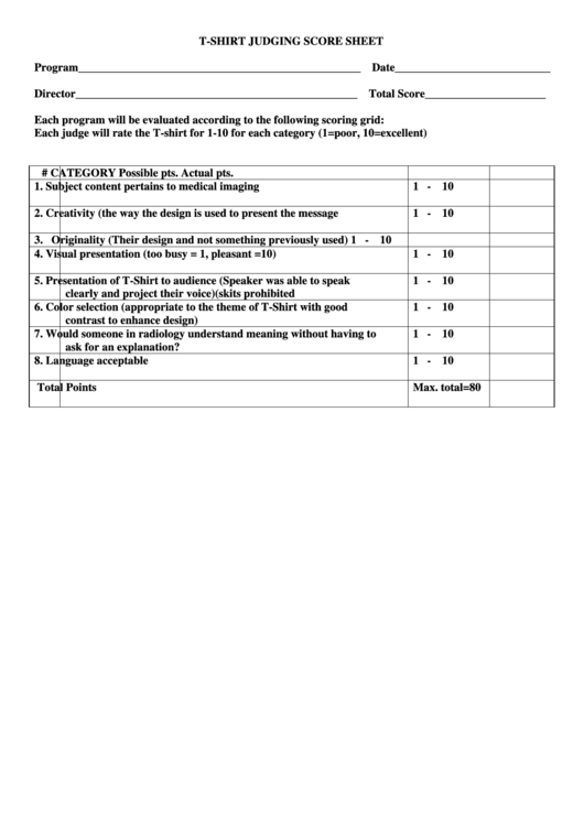 T-Shirt Judging Score Sheet Printable pdf