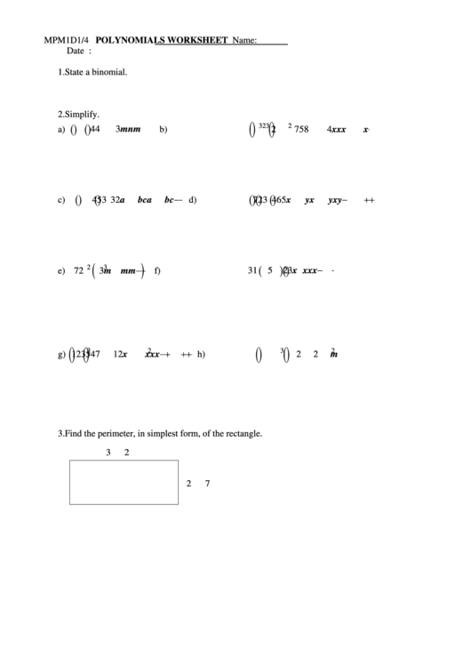 Polynomials Worksheet Printable pdf