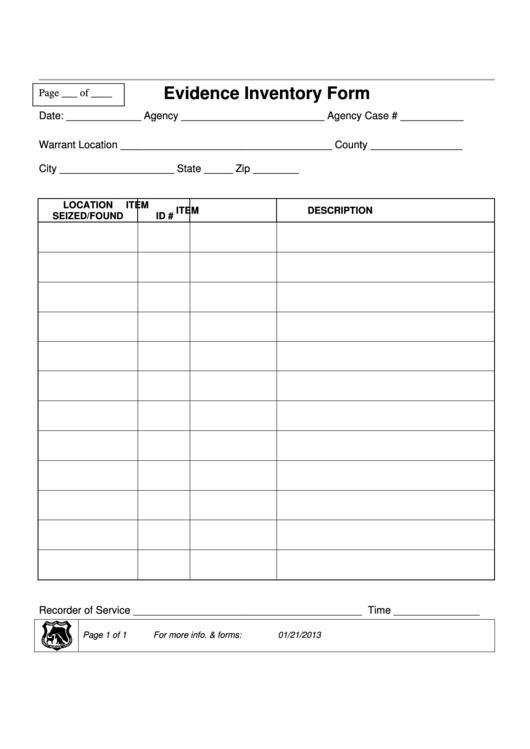 Evidence Inventory Form Printable pdf