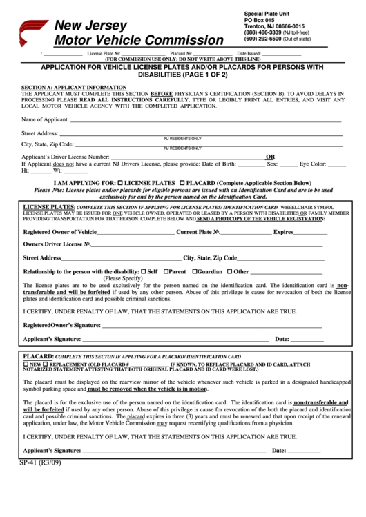 Fillable Form Sp-41 - Application For Vehicle License Plates And/or Placards For Persons With Disabilities - New Jersey Motor Vehicle Commission Printable pdf