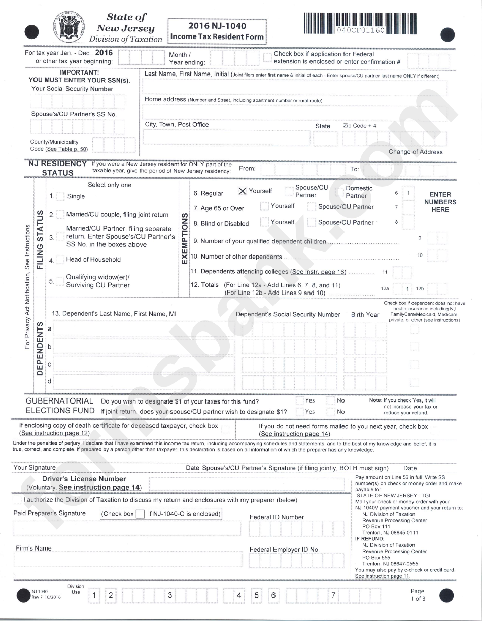 Form Nj-1040 - Income Tax Resident Form - 2016