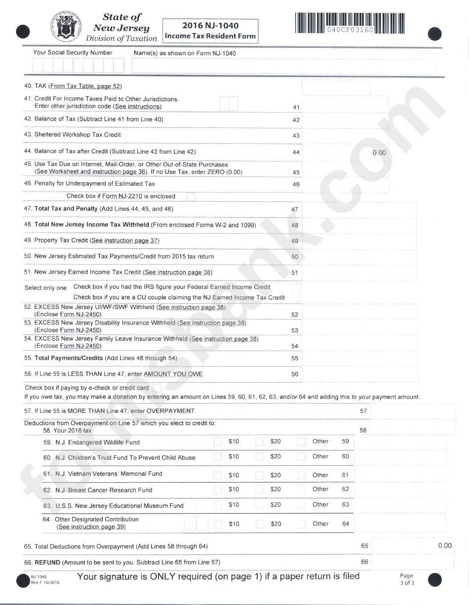 Form Nj-1040 - Income Tax Resident Form - 2016