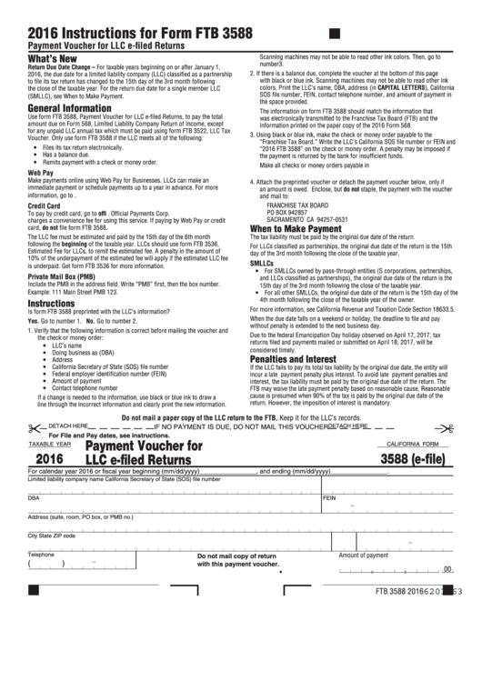 Fillable California Form 3588 (E-File) - Payment Voucher For Llc E-Filed Returns - 2016 Printable pdf