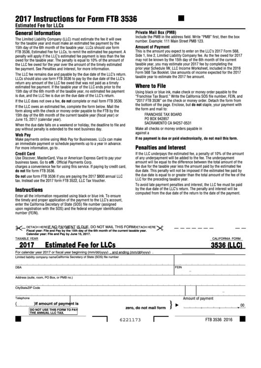 Fillable Form Ftb 3536 - Estimated Fee For Llcs - 2017 Printable pdf