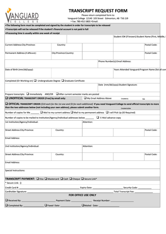 Fillable Transcript Request Form - Vanguard College Printable pdf