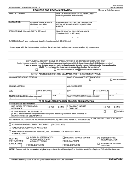 Form Ssa-561-u2 Social Security Administration - Request For Reconsideration