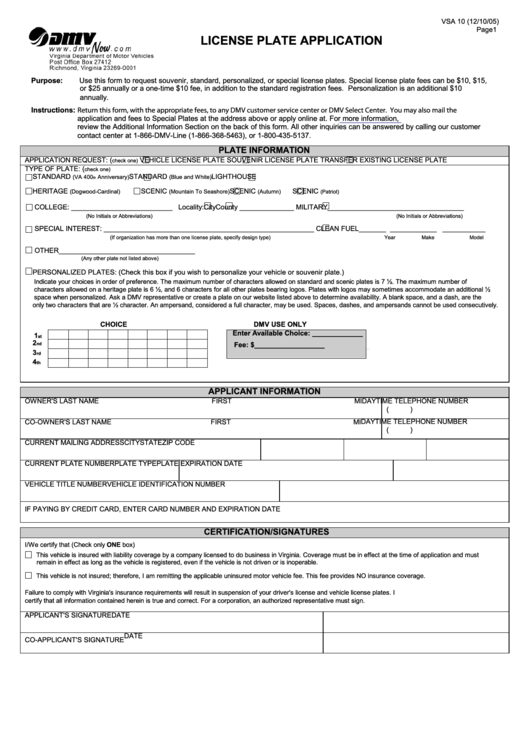 Fillable Form Vsa 10 - License Plate Application Printable pdf