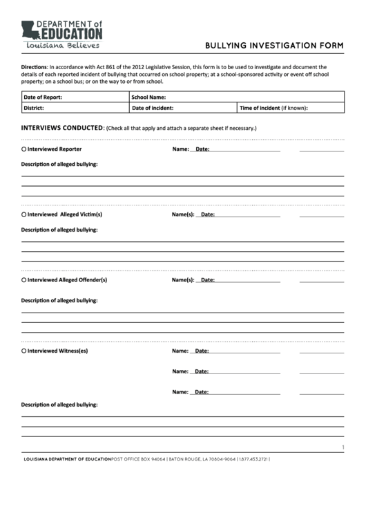 Fillable Bullying Investigation Form - Louisiana Department Of Education Printable pdf