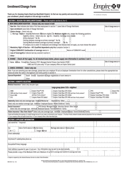 Form Enr0296b - Empire Bluecross Blueshield Enrollment Form/change Form Printable pdf