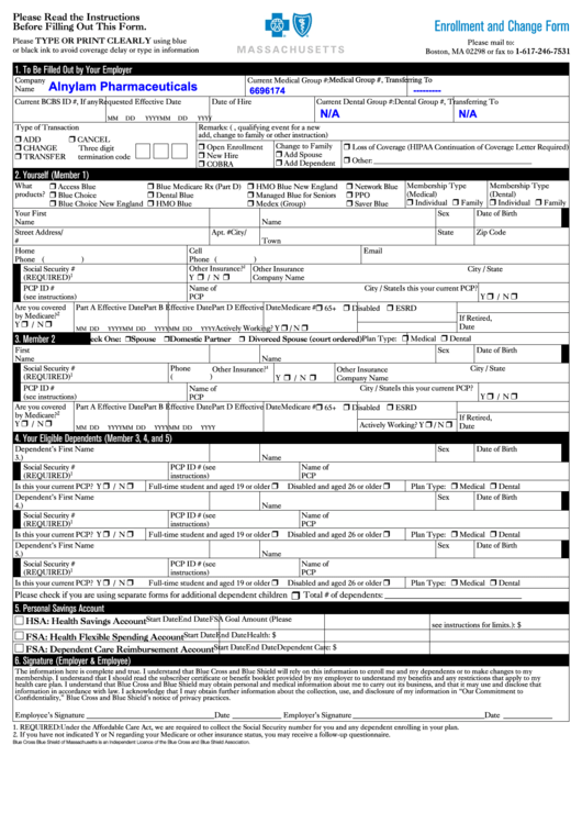 Fillable Enrollment And Change Form Bcbs Massachusetts printable pdf