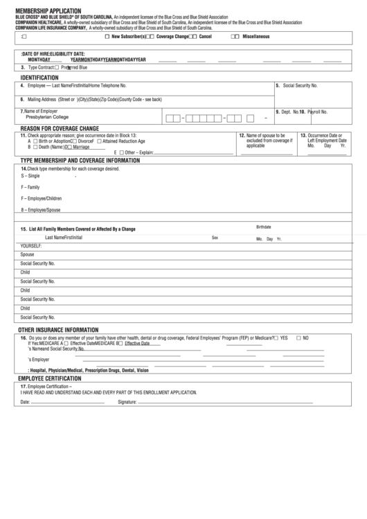 Fillable Bcbs Membership Application Form Printable pdf