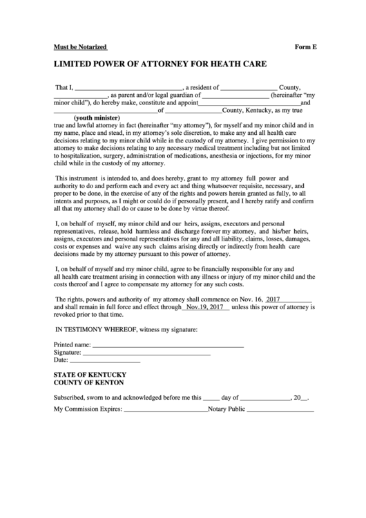 Limited Power Of Attorney For Health Care Form - Kentucky County Of Kenton