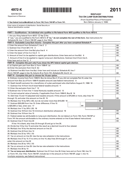 Fillable Form 4972-K 2011 Kentucky Tax On Lump-Sum Distributions Printable pdf