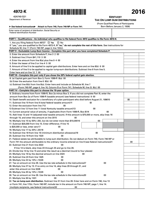 Fillable Form 4972-K - Kentucky Tax On Lump-Sum Distributions - 2016 Printable pdf
