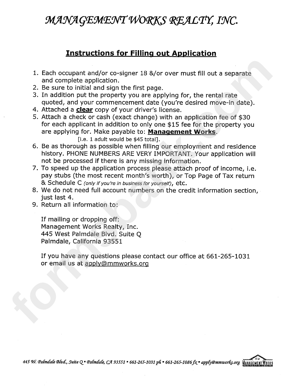 Aoaformno.100a - Applicationtorentorlease, Management Works Realty Inc. Application Form