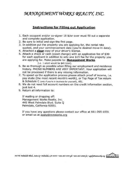 Aoaformno.100a - Applicationtorentorlease, Management Works Realty Inc. Application Form Printable pdf