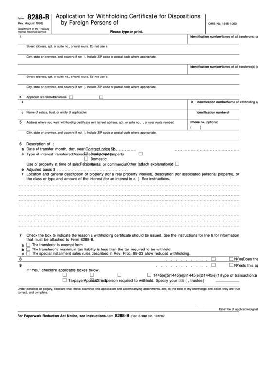 Fillable Form 8288-B (Rev. August 1998) - Application For Withholding Certificate For Dispositions By Foreign Persons Of U.s. Real Property Interests Printable pdf