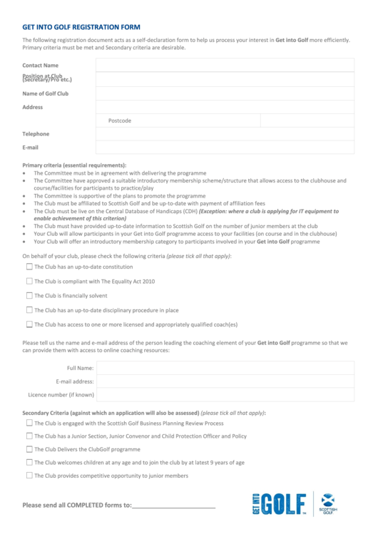 Get Into Golf Registration Form Printable pdf