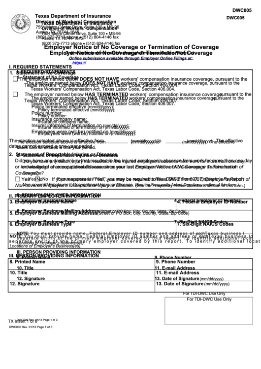 Form Dwc005 Employer Notice Of No Coverage Or Termination Of Coverage - Texas Department Of Insurance Division Of Workers