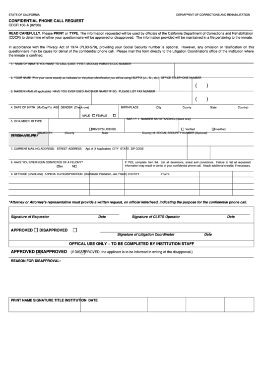 Cdcr 106-A - Confidential Phone Call Request Form Printable pdf