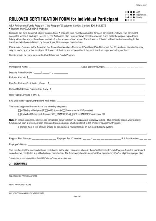 Rollover Certification Form For Individual Participant