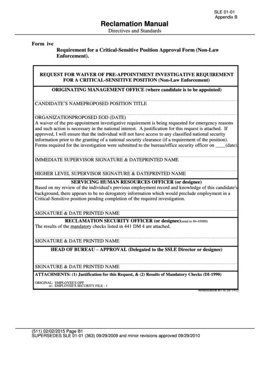 Form 511, 2015, Bureau Of Reclamation Pre-appointment Background Check List For Critical Sensitive Positions
