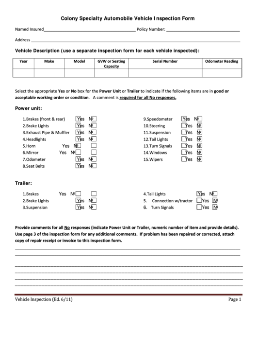 Automobile Vehicle Inspection Form Printable pdf