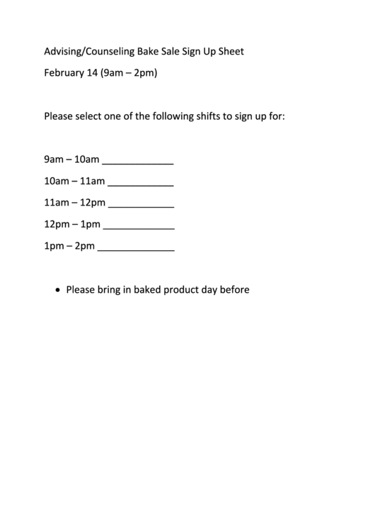 Advising/counseling Bake Sale Sign Up Sheet Printable pdf