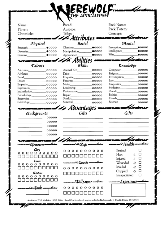 Werewolf: The Apocalypse Character Sheet Printable pdf