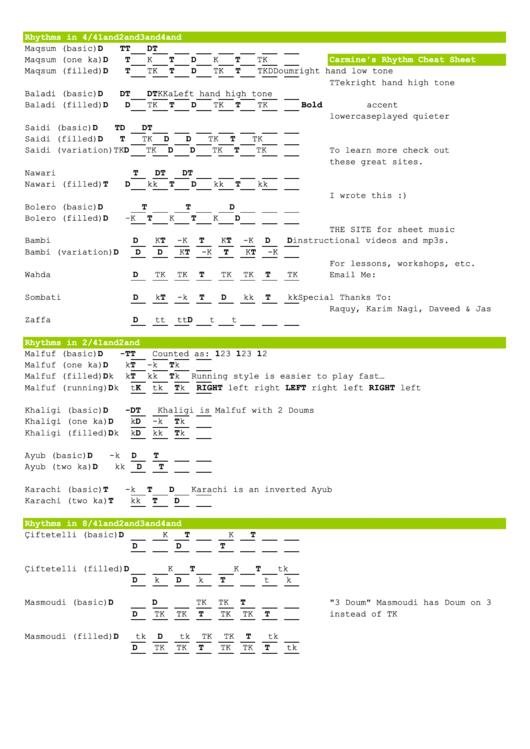 Doumbek Rhythm Sheet printable pdf download