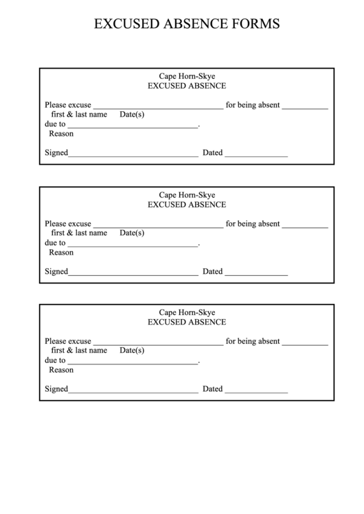 Excused Absence Forms Printable pdf