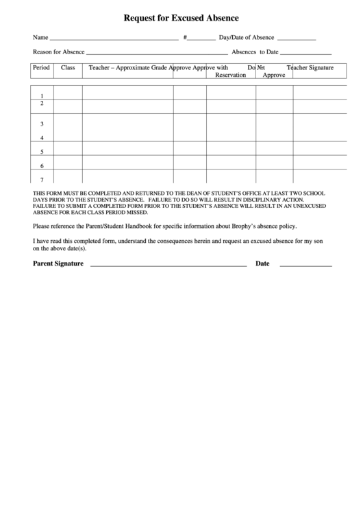 Request For Excused Absence Printable pdf
