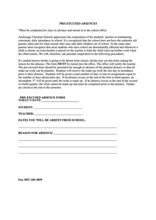 Pre-Excused Absence Form Printable pdf