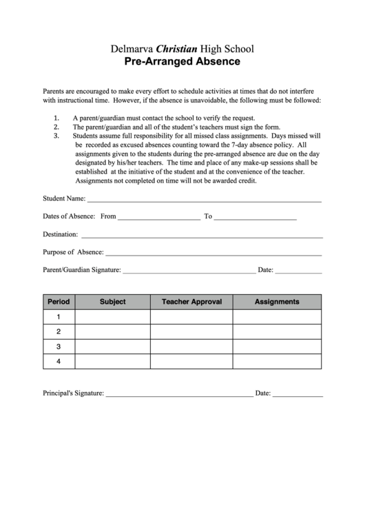Prearranged Absence Form Printable pdf