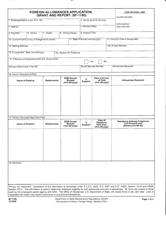 Sf-1190, 2006, Foreign Allowances Application, Grant And Report
