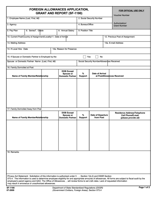 Sf-1190, 2009, Foreign Allowances Application, Grant And Report