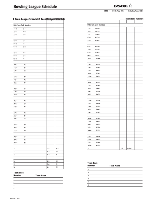 4/6 Team Bowling League Schedule Printable pdf