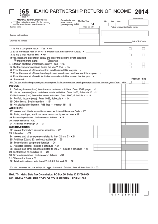 Fillable Form 65 - Idaho Partnership Return Of Income - 2014 Printable pdf