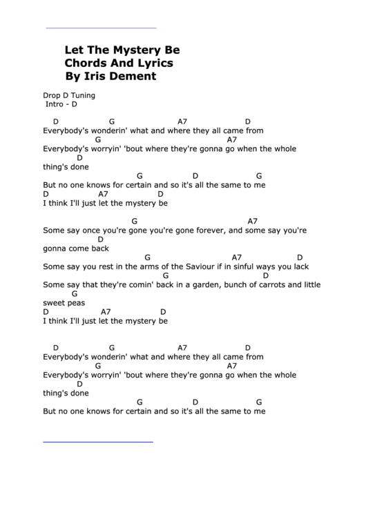 Let The Mystery Be - Iris Dement - Key: D Printable pdf