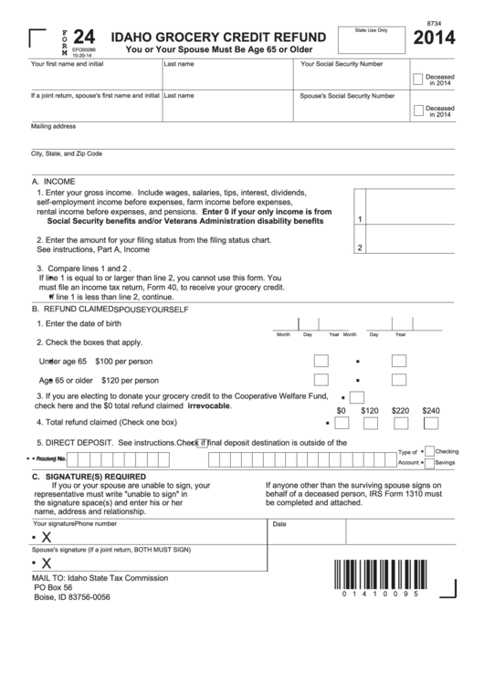 Fillable Form 24, 2014, Idaho Grocery Credit Refund Printable pdf