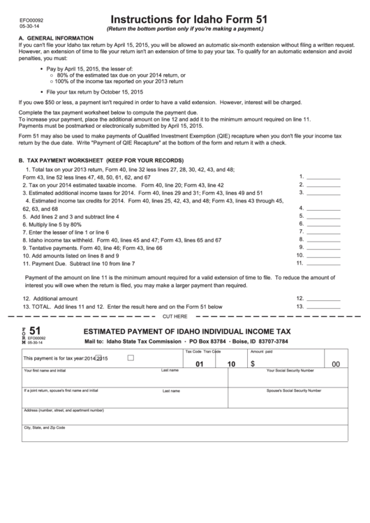 Idaho Form 51 (2014) - Estimated Payment Of Idaho Individual Income Tax Form Printable pdf