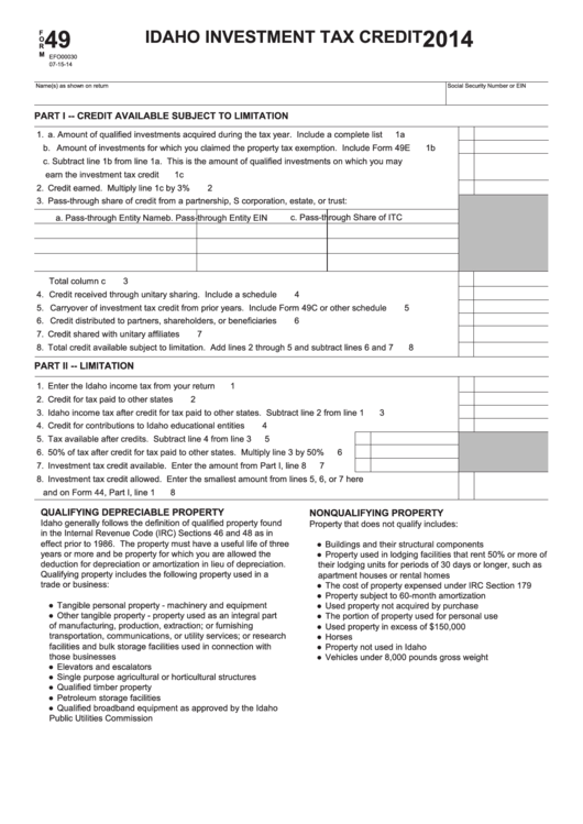 Fillable Form 49, 2014, Idaho Investment Tax Credit Printable pdf